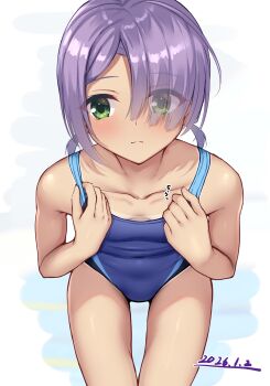 1girl blue_one-piece_swimsuit blunt_bangs blush breasts cafe_stella_to_shinigami_no_chou closed_mouth clothes_pull collarbone commentary_request competition_swimsuit covered_navel cowboy_shot dark-skinned_female dark_skin dated downblouse eyes_visible_through_hair green_eyes hair_over_one_eye hands_up highres hiuchidani_mei leaning_forward long_bangs looking_at_viewer low_twintails ncontrail_(mgax7527) official_alternate_costume official_alternate_hairstyle one-piece_swimsuit one-piece_swimsuit_pull presenting_breasts pulling_own_clothes purple_hair short_hair short_twintails simple_background small_breasts solo sound_effects split_mouth standing straight-on swimsuit tan tanline twintails white_background
