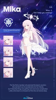 1girl :o absurdres analogous_colors angel_wings arms_behind_back bare_arms bare_legs bare_shoulders bikini block_heels blue_archive blue_hair blue_halo blush breasts bright_pupils character_name choker cleavage closed_eyes closed_mouth commentary company_name cool_colored copyright_logo copyright_name copyright_notice crossed_legs dilated_pupils english_commentary feathered_wings frilled_bikini frills front-tie_bikini_top front-tie_top full_body furrowed_brow gradient_hair gradient_halo halo heel_up high_heel_sandals high_heels highleg highleg_bikini highres holding_own_wrist kokosando light_smile logo long_hair long_sidelocks looking_at_viewer low_wings medium_breasts meteor_shower mika_(blue_archive) mika_(swimsuit)_(blue_archive) multicolored_hair multicolored_halo multiple_expressions navel official_alternate_costume official_alternate_hairstyle official_art open_mouth palm_tree pink_hair pink_halo purple_background ribbon sandals shadow shooting_star sidelocks solo standing stomach straight_hair string_bikini sweatdrop swimsuit toes tree two-tone_hair two-tone_halo very_long_hair watson_cross white_bikini white_choker white_pupils white_ribbon white_sandals white_wings wing_ornament wings yellow_eyes