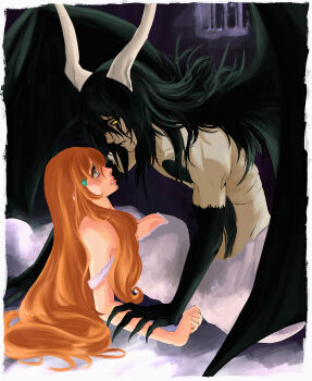 1boy 1girl bat_wings black_background black_hair bleach blush breasts brown_eyes chemise claws cleavage commentary couple dress facial_mark hair_between_eyes hair_ornament hetero highres himawariinee hole_in_chest hole_on_body horns inoue_orihime large_breasts long_dress long_hair looking_at_another lying on_back on_bed orange_hair parted_lips snowflake_hair_ornament spaghetti_strap topless_male ulquiorra_cifer white_dress wings