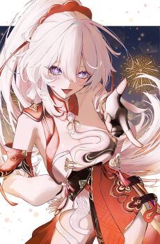 Rule 34 | 1girl, aerial fireworks, black gloves, blue eyes, breasts, commentary request, diamond-shaped pupils, diamond (shape), dress, fingerless gloves, fireworks, gloves, high ponytail, highres, honkai (series), honkai impact 3rd, kiana kaslana, kiana kaslana (ba-dum! fiery wishing star), large breasts, long hair, looking at viewer, ponytail, reaching, reaching towards viewer, red dress, smile, solo, sui ojin, symbol-shaped pupils, very long hair, white hair