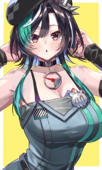 Rule 34 | 1girl, :d, :o, absurdres, bare shoulders, beret, black choker, black hair, black hat, blush, braid, breasts, choker, cleavage, commentary request, detached sleeves, dress, green hair, hat, highres, hololive, hololive dev is, large breasts, long hair, multicolored hair, official alternate costume, ooike teru, open mouth, red eyes, rindo chihaya, rindo chihaya (holonatsu paradise), simple background, sleeveless, sleeveless dress, smile, spaghetti strap, streaked hair, upper body, virtual youtuber, white hair, yellow background, yellow eyes
