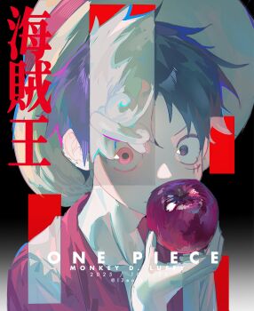 1boy alternate_form apple black_hair character_name commentary copyright_name dated food fruit gear_fifth gradient_background hashtag-only_commentary hat highres holding holding_food holding_fruit l3eofki male_focus monkey_d._luffy one_piece red_shirt scar scar_on_face shirt solo straw_hat symbol-only_commentary thick_eyebrows white_hair