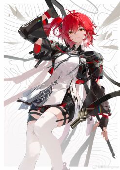 1girl absurdres arknights arm_up black_gloves black_jacket black_shorts brooch chain chinese_commentary commentary_request cowboy_shot cropped_jacket cross cross_earrings detached_sleeves detached_wings earrings exusiai_(arknights) exusiai_the_new_covenant_(arknights) feet_out_of_frame fingerless_gloves gloves hair_between_eyes halo highres holding holding_weapon jacket jewelry langmer long_shirt long_sleeves looking_at_viewer medium_hair one_side_up red_hair red_ribbon ribbon shirt shorts skindentation smile solo thigh_strap thighhighs watermark weapon weibo_watermark white_shirt white_thighhighs wings yellow_eyes