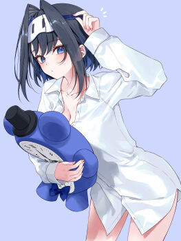 1girl absurdres adjusting_mask blue_background blue_eyes blue_hair breasts cleavage collared_shirt commentary dress_shirt eye_mask hair_intakes hashtag-only_commentary highres holding holding_stuffed_toy hololive hololive_english kronie_(ouro_kronii) large_breasts long_sleeves looking_at_viewer mask mask_on_head mogu_(au1127) no_pants ouro_kronii oversized_clothes oversized_shirt shirt short_hair simple_background sleep_mask solo stuffed_animal stuffed_toy virtual_youtuber white_shirt