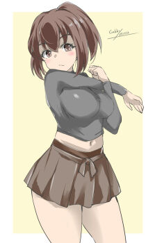 1girl artist_name blush breasts brown_eyes brown_hair brown_hakama cross-body_stretch dated gakky hair_ribbon hakama hakama_short_skirt hakama_skirt highres ise_(kancolle) japanese_clothes kantai_collection long_hair long_sleeves navel open_mouth ponytail ribbon skirt smile stretching undershirt white_background yellow_background