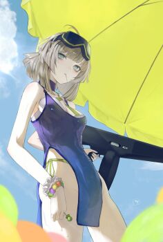 1girl aa-12 aa-12_(girls&#039;_frontline) aa-12_(the_sun_never_rises)_(girls&#039;_frontline) absurdres beach_umbrella bikini bikini_under_clothes blue_dress blue_sky breasts commentary day douibotan dress girls&#039;_frontline girls&#039;_frontline_2:_exilium goggles goggles_on_head gun highres holding holding_gun holding_weapon lind_(girls&#039;_frontline_2) mouth_hold official_alternate_costume outdoors pelvic_curtain scrunchie shotgun side-tie_bikini_bottom sky solo swimsuit umbrella weapon wrist_scrunchie yellow_bikini