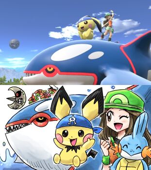 Rule 34 | alternate color, bandana, blue bandana, blue sky, brown eyes, brown hair, clenched hand, cosplay, drake (pokemon), drake (pokemon) (cosplay), flower, four giants, game screenshot inset, gen 2 pokemon, gen 3 pokemon, glacia (pokemon), glacia (pokemon) (cosplay), green hat, hair flower, hair ornament, hat, highres, kicdon, kyogre, leaf (pokemon), legendary pokemon, lunatone, moon (zelda), mudkip, nintendo, one eye closed, phoebe (pokemon), phoebe (pokemon) (cosplay), pichu, player 2, pokemon, pokemon (creature), pokemon emerald, pokemon frlg, pokemon rse, sailor hat, sidney (pokemon), sidney (pokemon) (cosplay), sky, smile, super smash bros., team aqua, the legend of zelda, the legend of zelda: majora's mask