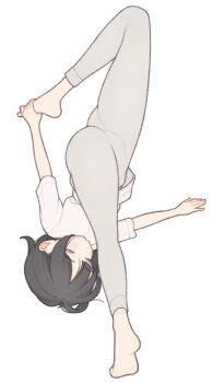 1girl 1ssakawaguchi absurdres ass barefoot black_hair blush closed_eyes flexible full_body grey_pants highres holding_own_foot loli original pants parted_bangs shirt short_hair simple_background stretching t-shirt white_background white_shirt yoga yoga_pants