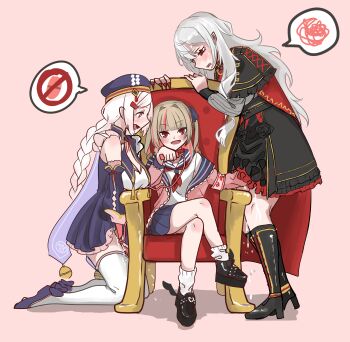 3girls absurdres armband armchair aroused bare_shoulders bell beret black_boots black_capelet black_flower black_rose black_shoes black_skirt blue_dress blue_hat blue_sailor_collar blue_shoes blue_skirt blush boots braid breast_curtains breast_rest breasts brown_hair cape capelet chair chinese_clothes clothed_sex commentary_request cross-laced_capelet cross-laced_clothes crossed_legs detached_sleeves dildo dress egg_vibrator elbow_rest fangs femdom fff_threesome flats flower flower-trimmed_skirt frilled_capelet frilled_skirt frills full_body genderswap genderswap_(mtf) girl_sandwich god_g4mes grey_shirt group_sex hair_intakes hair_ornament hand_in_another's_clothes hand_in_another's_skirt hand_under_clothes hand_under_skirt hat head_rest heel_up high-waist_skirt high_heel_boots high_heels highres holding holding_sex_toy implied_fingering jacket jingle_bell kneeling kuzuha_(nijisanji) lace-up_boots leaning_forward long_hair long_sleeves looking_at_another looking_at_viewer loose_socks makaino_ririmu makaino_ririmu_(4th_costume) medium_breasts medium_skirt miniskirt multicolored_hair multiple_girls neck_ribbon neckerchief nijisanji no_symbol nose_blush off_shoulder open_clothes open_jacket open_mouth parted_bangs pink_armband pink_background pink_hair pink_jacket pink_streaks pinstripe_pattern pinstripe_shirt pleated_skirt pointy_ears profile puffy_long_sleeves puffy_sleeves pussy_juice red_cape red_eyes red_nails red_neckerchief red_ribbon remote_control_vibrator ribbon rose sadism sailor_collar sailor_shirt sandwiched sanya_(nijisanji) school_uniform serafuku sex_toy shadow shiina_yuika shiina_yuika_(4th_costume) shirt shoes short_dress sidelocks simple_background single_braid sitting sitting_on_throne skirt sleeve_cuffs socks spoken_no_symbol spoken_object spoken_squiggle squiggle standing streaked_hair studded_footwear thighhighs threesome throne vibrator vibrator_under_clothes virtual_youtuber white_hair white_shirt white_socks white_thighhighs yuri zettai_ryouiki