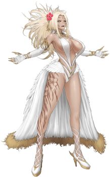 1girl blonde_hair breasts curvy dark-skinned_female dark_skin elbow_gloves eyelashes facial_tattoo full_body gloves highleg highleg_leotard igawa_hakuou large_breasts leg_tattoo leotard lilith-soft long_hair misawa_kei multicolored_hair outstretched_arms ponytail revealing_clothes simple_background smile solo taimanin_(series) taimanin_rpgx tattoo transparent_background two-tone_hair wide_hips