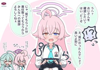 &gt;_&lt; 1girl ahoge azumo_momo blue_archive blue_eyes blue_hair blush closed_eyes clothes_lift convenient_censoring fang hair_between_eyes heterochromia highres hoshino_(blue_archive) lifting_own_clothes long_hair long_sleeves necktie open_mouth out-of-frame_censoring pink_hair shirt shirt_lift smile upper_body white_shirt yume_(blue_archive)