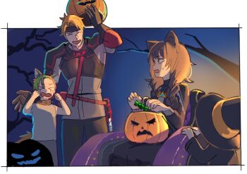 2boys 2girls animal_ears armor bare_tree black_dress blonde_hair braid brown_hair child closed_eyes crying dress food forest_0812 gloves green_hair grey_shirt halloween halloween_bucket halloween_costume hat headband holding holding_food holding_vegetable jack-o&#039;-lantern katya_aurelie long_hair multiple_boys multiple_girls open_mouth pants pumpkin raccoon_ears raccoon_girl raccoon_tail re:zero_kara_hajimeru_isekai_seikatsu shirt sitting smile tail tears todd_fang tree twin_braids vegetable virtual_youtuber witch_hat