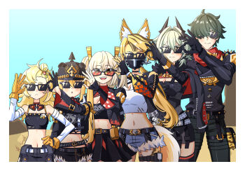 >:) 1boy 5girls :d adjusting_eyewear animal_ear_fluff animal_ears arm_out_of_sleeve arm_up behind_another black_helmet black_jacket black_mask black_pants black_tube_top blonde_hair blush border breasts burnice_white caesar_king_(zenless_zone_zero) choker cleavage closed_mouth combat_helmet covered_mouth crop_top day detached_sleeves facing_viewer fingerless_gloves fur-trimmed_shorts fur_trim furry furry_female gloves goggles goggles_around_neck green_hair hair_intakes hair_ornament hair_over_one_eye half_gloves hand_on_eyewear hand_on_own_hip height_difference helmet highres jacket lighter_(zenless_zone_zero) long_hair long_sleeves looking_at_viewer luciana_de_montefio mask mask_around_neck midriff miniskirt mouth_mask multiple_girls navel open_clothes open_jacket open_mouth outdoors pants parted_lips pickelhaube piper_wheel pouch prosthesis prosthetic_arm pulchra_fellini red-tinted_eyewear red_eyes red_scarf respirator scarf shirt short_hair short_shorts shorts side_ponytail skirt smile sons_of_calydon_(zenless_zone_zero) spiked_jacket standing stomach strapless sunglasses tail tank_top tanny_v thigh_pouch thigh_strap tinted_eyewear tube_top two_side_up v-shaped_eyebrows very_long_hair white_border yellow_gloves zenless_zone_zero