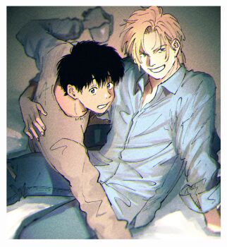 2boys ash_lynx banana_fish black_hair blonde_hair blue_shirt border brown_eyes brown_shirt collared_shirt commentary_request cup denim green_eyes hana_(dkrnn) holding holding_cup jeans looking_at_viewer male_focus multiple_boys okumura_eiji pants shirt short_hair sitting smile torn_clothes torn_pants white_border