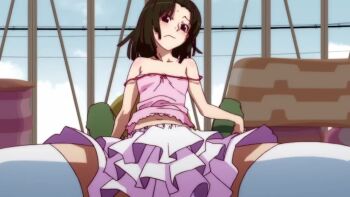 1boy 1girl ahoge animated araragi_koyomi audible_speech bare_shoulders black_hair black_tank_top blue_eyes breasts brown_eyes brown_hair camisole closed_eyes collared_shirt dress flat_color frilled_skirt frills green_pants hair_ornament imminent_penetration imminent_vaginal japanese_audio kneehighs legs loli looking_at_viewer medium_dress midriff miniskirt monogatari_(series) mouth_hold navel nisemonogatari no_bra no_panties open_mouth orgasm pants pants_under_skirt pink_camisole pleated_skirt pov sengoku_nadeko sexually_suggestive shirt short_hair shoulder_blush sitting sitting_on_person skirt sleeveless small_breasts socks sound stomach strap_slip tagme tank_top thighhighs thighs upskirt video white_skirt white_thighhighs zettai_ryouiki