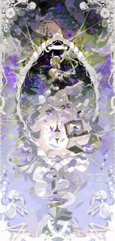 Rule 34 | 1girl, absurdres, artist name, asymmetrical bangs, black shirt, book, broken glass, bug, butterfly, commission, eteru, flower, full body, glass, grin, hair ornament, happy birthday, highres, holding, holding quill, insect, juliet sleeves, long hair, long sleeves, looking at viewer, mihuashi commission, multiple views, original, parted bangs, puffy sleeves, purple butterfly, purple flower, quill, shirt, shoes, silk, skeleton, skirt, smile, spider web, suitcase, very long hair, watermark, white flower, white hair, white skirt