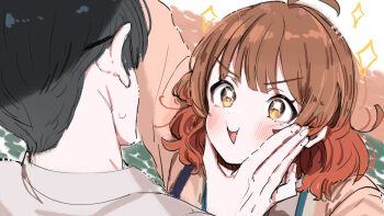 1boy 1girl ahoge black_hair blush brown_cardigan brown_hair cardigan commentary_request facing_another gakuen_idolmaster grabbing_another&#039;s_face gradient_hair hanami_ume head_grab hetero idolmaster kasasagi_(futagodori888) multicolored_hair orange_hair producer_(idolmaster) smile sparkle sweatdrop upper_body v-shaped_eyebrows