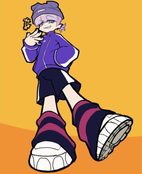 1boy black_nails blue_eyes blunt_bangs bulge commentary english_commentary full-length_zipper girly_boy grin hair_over_one_eye hat highres jacket kanekuripan kneehighs long_sleeves looking_at_viewer male_focus orange_background panty_&amp;_stocking_with_garterbelt pink_hair polyurethane_(psg) purple_jacket shoes short_hair shorts smile socks solo teeth yellow_background zipper