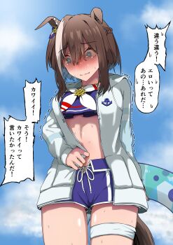Rule 34 | 1girl, absurdres, anchor symbol, animal ears, arm behind back, averting eyes, bikini, bikini shorts, blue bikini, blue eyes, blush, braid, brown hair, cheval grand (summer calm navy drop) (umamusume), cheval grand (umamusume), closed mouth, clothes grab, commentary request, cowboy shot, ear ornament, ears down, embarrassed, from below, front-tie shorts, full-face blush, hair between eyes, half up braid, highres, holding, holding swim ring, hood, hoodie, horse ears, horse girl, horse tail, innertube, jewelry, legs together, long sleeves, looking down, midriff, multicolored hair, necklace, nervous sweating, official alternate costume, open clothes, open hoodie, raised inner eyebrows, sakamoto shindobaddo, ship's wheel ornament, short hair, shorts, sidelocks, sky, solo, standing, straight-on, streaked hair, sweat, swim ring, swimsuit, tail, tearing up, thigh gap, thigh strap, translation request, trembling, umamusume, wavy mouth