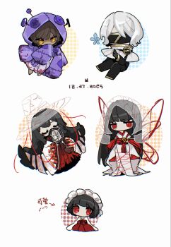 1boy 4girls black_hair blunt_bangs butterfly_wings crack cracked_glass dated faust_(project_moon) great_trichiliocosm_(e.g.o) hanbok hashtag-only_commentary hat highres holding holding_mirror i'll_go_fer_scissors._how_'bout_you?_(e.g.o) index_(identity)_(project_moon) inoka_nana insect_wings japanese_clothes kimono korean_clothes limbus_company long_hair mirror multiple_girls outis_(project_moon) project_moon ryoshu_(project_moon) see-through_hat short_hair simple_background string string_of_fate string_wings very_long_hair white_background white_hair white_hanbok white_hat white_kimono wings yi_sang_(project_moon)