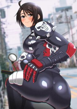 Rule 34 | 1girl, ahoge, akisu k, ass, biker clothes, bikesuit, black hair, blush, bodysuit, breasts, capcom, from behind, helmet, justice gakuen, kazama akira, large breasts, looking at viewer, motor vehicle, motorcycle, motorcycle helmet, motorcycle suit, short hair, sideboob, sitting, smile, solo