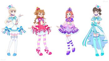 2v_iil3 4girls :d animal_ear_hairband animal_ears aqua_boots aqua_bow aqua_hairband aqua_hat arched_crown arm_warmers arms_at_sides arms_behind_back bare_shoulders blonde_hair blue_bow blue_choker blue_crown blue_eyes blue_hairband blue_shoes blunt_bangs blunt_ends blush boots bow bow_earrings bow_hairband brooch brown_hair capelet cat_ear_hairband cat_ears choker closed_mouth commentary cosplay crown crown_earrings cure_friendy cure_friendy_(cosplay) cure_lillian cure_lillian_(cosplay) cure_nyammy cure_nyammy_(cosplay) cure_wonderful cure_wonderful_(cosplay) deerstalker dress dress_bow earrings fake_animal_ears frilled_arm_warmers frilled_dress frilled_thighhighs frilled_wrist_cuffs frills full_body gold_hairband green_eyes hair_bow hairband half_updo hand_up hat hat_ornament heart heart_brooch heart_hat_ornament highres jewelry knees_together_feet_apart long_hair looking_at_viewer magical_girl medium_dress mini_crown mini_hat mini_top_hat multicolored_bow multicolored_pantyhose multiple_girls off-shoulder_dress off_shoulder open_mouth orange_hair pact_holder pantyhose parted_lips petticoat pigeon-toed pink_boots pink_bow pink_capelet pink_crown pink_dress pink_eyes pink_pantyhose pink_wrist_cuffs ponytail pouch precure puffy_short_sleeves puffy_sleeves purple_bow purple_capelet purple_dress purple_hairband purple_hat purple_shoes purple_wrist_cuffs red_eyes self_cosplay shiny_cats_pact shoes short_dress short_hair_with_long_locks short_sleeves short_twintails side-by-side side_ponytail simple_background sleeveless sleeveless_dress smile standing striped_bow striped_clothes striped_pantyhose thigh_boots thighhighs tilted_headwear top_hat twintails two-tone_pantyhose two_side_up white_arm_warmers white_background white_dress white_hairband white_thighhighs wonderful_pact wonderful_precure! wrist_cuffs yellow_pantyhose zettai_ryouiki