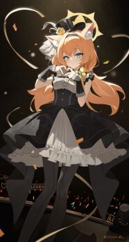 1girl :/ absurdres animal_ear_fluff animal_ears artist_name black_dress black_hairband black_hat black_pantyhose black_wrist_cuffs blue_archive blue_eyes bow cat_ears cat_girl center_frills closed_mouth commentary_request confetti dress earrings english_text extra_ears eyelashes eyeshadow feet_out_of_frame flower four-finger_heart_hands frilled_dress frills frown glowstick grey_dress hair_between_eyes hairband halo hands_up hat hat_feather hat_flower heart heart_hands highres hu_shan. jewelry long_hair looking_at_viewer low_twintails makeup mari_(blue_archive) mari_(idol)_(blue_archive) official_alternate_costume official_alternate_hairstyle orange_hair pantyhose pink_eyeshadow ribbon sleeveless sleeveless_dress solo split_mouth spotlight stage standing top_hat twintails two-tone_dress very_long_hair wrist_cuffs yellow_bow yellow_halo yellow_ribbon