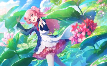 Rule 34 | 1girl, :d, blue sky, breasts, cloud, colorful palette, dress, dutch angle, earrings, fang, flower, flower underskirt, game cg, hair flower, hair ornament, highres, hodokareta ito no sono saki ni (project sekai), jewelry, leaf, light particles, long hair, momoi airi, multicolored dress, official alternate costume, official art, open mouth, pink eyes, pink flower, pink hair, project sekai, sky, smile, solo, sparkle, third-party source, tongue, two side up