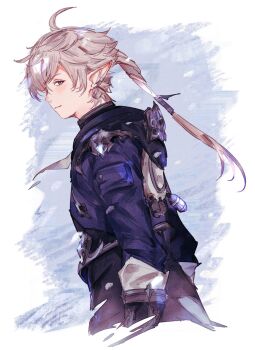 Rule 34 | 1boy, absurdres, ahoge, alphinaud leveilleur, black gloves, blue coat, blue eyes, closed mouth, coat, cropped legs, earrings, elezen, elf, final fantasy, final fantasy xiv, floating hair, gloves, grey hair, highres, hood, hood down, hooded coat, hutaba 0718, jewelry, long pointy ears, long sleeves, looking to the side, male focus, parted bangs, piercing, pointy ears, ponytail, sideways glance, smile, solo