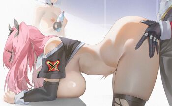 1boy 2girls absurdres alternate_breast_size anby_demara android billy_kid black_ribbon breast_press breasts doggystyle grabbing_another&#039;s_ass groping hair_ornament hair_ribbon hairclip hanging_breasts hetero highres huge_breasts jacket long_hair multiple_girls nicole_demara nipples pink_hair red_jacket ribbon robophilia robot robot_boy sex sex_from_behind small_breasts spiralnoww1 top-down_bottom-up two_side_up vaginal zenless_zone_zero