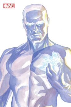 1boy abs alex_ross bald blue_sclera blue_skin colored_sclera colored_skin comic_cover company_name cover cover_page cryokinesis glowing glowing_eyes highres ice iceman_(x-men) linea_alba looking_at_viewer male_focus marvel official_art realistic solo third-party_source topless_male upper_body western_comics_(style) white_background white_eyes x-men