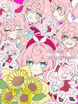 1girl @_@ alternate_costume amaebi0709 anniversary aqua_eyes aqua_hair character_name chibi closed_mouth drill_hair flower hair_between_eyes hair_intakes highres holding holding_flower honkai:_star_rail honkai_(series) hyacine_(honkai:_star_rail) long_hair looking_at_viewer multicolored_hair multiple_views one_eye_closed open_mouth outline pink_hair profile smile sunflower twin_drills two-tone_hair white_outline yellow_pupils