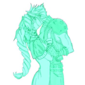 1boy 1girl aerith_gainsborough armor bangle belt bracelet braid braided_ponytail breasts cloud_strife commentary couple cropped_jacket english_commentary final_fantasy final_fantasy_vii green_theme hair_ribbon hand_in_another's_hair hand_on_another's_chest hetero highres holding_another's_wrist jewelry kiss light_blush long_hair macyy707 medium_breasts parted_bangs pauldrons puffy_short_sleeves puffy_sleeves ribbon short_hair short_sleeves shoulder_armor sidelocks single_bare_shoulder single_braid single_pauldron sleeveless sleeveless_turtleneck spiked_hair turtleneck upper_body white_background