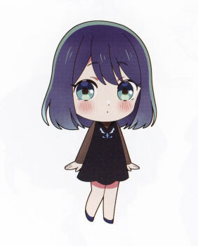 1girl absurdres arms_at_sides black_dress blue_eyes blue_hair blush bob_cut chibi closed_mouth dress highres kurokawa_akane looking_at_viewer non-web_source official_art oshi_no_ko scan self-scan sheer_sleeves short_hair solo white_background