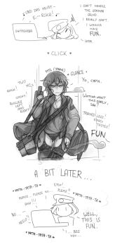 artist_self-insert bandaid bandaid_on_face bomber_jacket cigarette comic computer cowboy_shot dog_tags english_text garter_straps greyscale hat highres jacket laptop m13_(war_thunder) monochrome panties panzermeido short_hair thighhighs underwear war_thunder