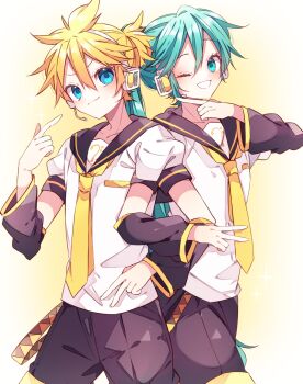1boy 1girl arm_warmers black_sailor_collar black_shorts blonde_hair blue_eyes blue_hair blush closed_mouth commentary_request cosplay cowboy_shot double-parted_bangs grin hair_between_eyes hatsune_miku headset highres kagamine_len kagamine_len_(cosplay) kaho_0102 long_hair looking_at_viewer necktie pointing pointing_at_another sailor_collar shirt short_hair short_sleeves shorts smile standing twintails vocaloid white_shirt yellow_necktie