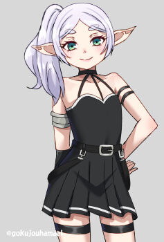 Rule 34 | 1girl, artist name, bare shoulders, black dress, blush, closed mouth, commentary request, cosplay, dress, elf, frieren, green eyes, hamaeru, hand on own hip, highres, long hair, looking at viewer, pointy ears, side ponytail, smile, solo, sousou no frieren, twitter username, ubel (sousou no frieren), ubel (sousou no frieren) (cosplay), white hair