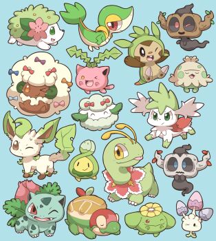 2027_(submarine2027) :p ;d ^_^ alternate_color antennae appletun black_eyes blue_background blue_bow blue_eyes blush bow bowtie bright_pupils brown_eyes buck_teeth budew bulbasaur chespin chibi claws closed_eyes closed_mouth commentary_request cottonee fangs flower gen_1_pokemon gen_2_pokemon gen_3_pokemon gen_4_pokemon gen_5_pokemon gen_6_pokemon gen_7_pokemon gen_8_pokemon green_eyes hands_up highres hoppip leaf leafeon legendary_pokemon looking_at_viewer looking_to_the_side meganium morelull mythical_pokemon nintendo no_humans one_eye_closed open_mouth phantump pink_bow pink_flower pokemon pokemon_(creature) purple_bow red_bow red_bowtie red_eyes shaymin shaymin_(land) shaymin_(sky) shiny_pokemon shroomish sideways_glance simple_background skiploom smile smirk snivy solid_oval_eyes sweatdrop teeth tongue tongue_out u_u v-shaped_eyebrows wavy_mouth whimsicott white_pupils yellow_bow yellow_eyes yellow_flower