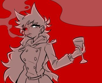 1girl animification belt black_sclera burn_scar buttons ccai25 cigarette coat colored_sclera commentary cosplay cup drinking_glass eddsworld future_tord_(eddsworld) future_tord_(eddsworld)_(cosplay) genderswap genderswap_(mtf) glowing glowing_eyes greyscale_with_colored_background hair_bobbles hair_ears hair_ornament heterochromia holding holding_cup hood hood_down long_hair long_sleeves looking_at_viewer mismatched_sclera red_background red_eyes red_theme scar scar_on_face self_cosplay smoke smoking solo tord_(eddsworld) tori_(eddsworld) upper_body very_long_hair white_eyes wine_glass