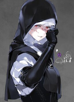 1girl blood blood_on_face capelet commentary_request elden_ring elden_ring_nightreign grave grey_background grin highres holding holding_shovel hood hood_up ierotak jewelry multiple_views necklace nun red_eyes shovel simple_background smile smirk undertaker_(elden_ring) wiping_mouth