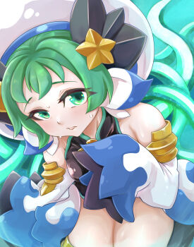 1girl black_shirt closed_mouth commentary_request detached_sleeves green_eyes green_hair green_trim hat highres looking_at_viewer mairu_dou mitsuki_(shinrabanshou) shinrabanshou shirt sleeveless sleeveless_shirt sleeves_past_fingers sleeves_past_wrists solo star_ornament sweatdrop tongue tongue_out white_hat