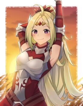 Rule 34 | 1girl, ahoge, alternate costume, arm behind head, armor, armpits, arms up, belt, blush, border, breastplate, brown belt, circlet, commentary, commission, cordelia (fire emblem), cordelia (fire emblem) (cosplay), cosplay, detached sleeves, dress, english commentary, fire emblem, fire emblem awakening, green hair, highres, long hair, looking at viewer, nintendo, nowi (fire emblem), outside border, ponytail, purple eyes, red dress, second-party source, smile, solo, sunset, very long hair, white border, witchi