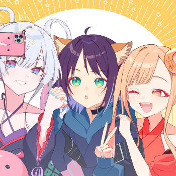 Rule 34 | 3girls, absurdres, animal ears, bare shoulders, black choker, blonde hair, blue eyes, blue hoodie, cho kaguya-hime!, choker, collarbone, commentary request, crescent, crescent hair ornament, e byi, forehead jewel, green eyes, hair ornament, hair rings, hair stick, highres, hood, hoodie, japanese clothes, kaguya (cho kaguya-hime!), kimono, long hair, looking at another, looking at viewer, lop rabbit ears, multiple girls, orange background, purple hair, rabbit ears, red kimono, runami yachiyo, sakayori iroha, short hair, smile, twintails, upper body, white hair