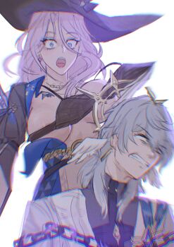 1boy 1girl :o areola_slip black_bra blue_eyes bra breasts chain chained clenched_teeth commentary earrings gnarlypzofbread grey_jacket halo hat head_wings highres honkai:_star_rail honkai_(series) jacket jade_(honkai:_star_rail) jewelry large_breasts long_hair open_mouth pink_hair portrait simple_background sunday_(honkai:_star_rail) sunday_(sacerdos'_relived_ordeal)_(honkai:_star_rail) teeth underwear white_background white_jacket wings