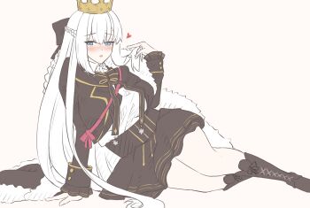 1girl black_bow black_cape blue_eyes blush bow braid cape commentary_request crown fate/grand_order fate_(series) hair_between_eyes hair_bow half_up_braid highres itsukano1582 long_hair looking_at_viewer morgan_le_fay_(fate) morgan_le_fay_(student_council_president)_(fate) simple_background skirt solo very_long_hair white_hair