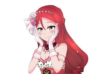 1girl absurdres artist_name artist_request bare_shoulders black_bow black_corset black_detached_collar blush bow breasts brown_eyes brown_hair cleavage collarbone corset cross-laced_clothes cross-laced_dress curly_hair disney_hare dress earrings female_focus flower gloves hair_flower hair_ornament hairclip hands_on_face highres long_hair looking_at_viewer love_live! love_live!_school_idol_festival love_live!_school_idol_festival_all_stars love_live!_sunshine!! musical_note musical_note_earrings musical_note_print parted_lips pink_ribbon polka_dot polka_dot_dress red_dress red_flower red_hair ribbon sakurauchi_riko small_breasts smile solo star_(symbol) star_hair_ornament striped_clothes striped_gloves vertical vertical-striped_clothes vertical-striped_gloves white_background white_gloves yellow_eyes