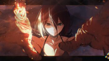 1girl absurdres black_hair breasts chainsaw_man cleavage ganetto29 green_eyes hair_between_eyes highres looking_at_viewer reaching reaching_towards_viewer reze_(chainsaw_man) solo