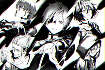 2girls 3boys commentary_request date_ryotaro glasses greyscale grin hair_over_one_eye hinata_nozomi hood hood_up long_hair low_ponytail matsu_bokkuri monark monochrome multiple_boys multiple_girls ponytail protagonist_(monark) round_eyewear school_uniform shinya_yuda short_hair smile surugadai_kokoro