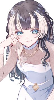 Rule 34 | 1girl, absurdres, black hair, blonde streaks, blue eyes, breasts, choker, closed mouth, commentary request, covered collarbone, dress, gold necklace, hand on own cheek, hand on own face, highres, hololive, hololive dev is, jewelry, juufuutei raden, kentotto, long hair, long sleeves, looking at viewer, multicolored hair, multiple necklaces, necklace, see-through cleavage, see-through clothes, sidelocks, simple background, small breasts, smile, solo, strapless, strapless dress, streaked hair, two-tone hair, virtual youtuber, wavy hair, white background, white choker, white dress