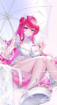 1girl absurdres bikini blush breasts bug butterfly butterfly_on_hand cleavage dorothy_(nikke) feet frills goddess_of_victory:_nikke grin hair_bun highres holding holding_umbrella innertube insect korean_commentary large_breasts legs long_hair looking_at_viewer parasol pink_hair purple_eyes ribbon sandals short_sleeves sitting smile solo swim_ring swimsuit toes umbrella white_bikini white_ribbon yeondo